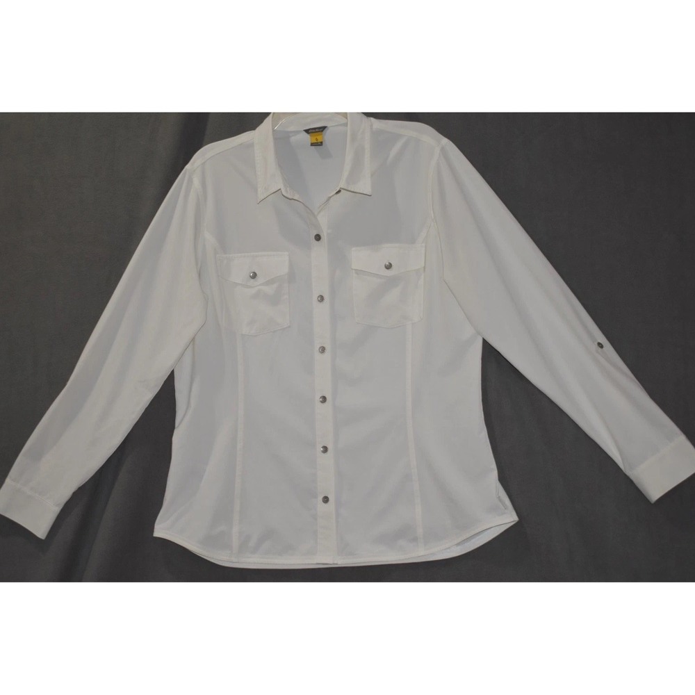 Eddie Bauer XL Women Departure Shirt Ivory Roll Tab Sleeve Button Up Stretch - Picture 14 of 16